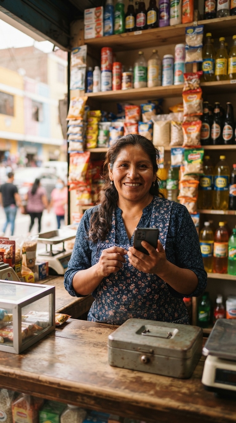 Dueña de una bodega sonríe en su mostrador con un celular en la mano